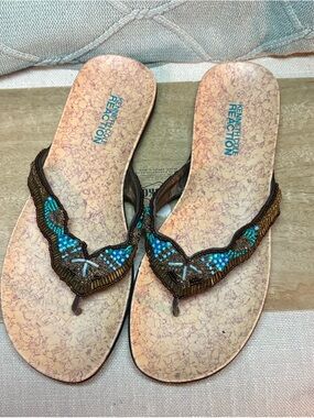 Kenneth Cole Reaction Brown Flip Flop Sandal Beaded Details Wham Bam Glam Sz 7M